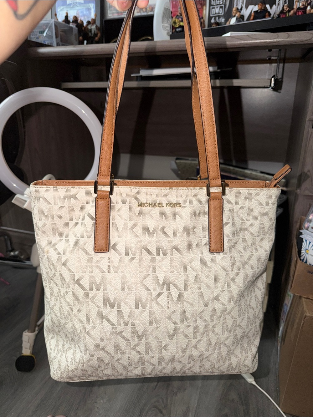 Michael Kors Cream Signature MK Tote with Tan Leather Handles
